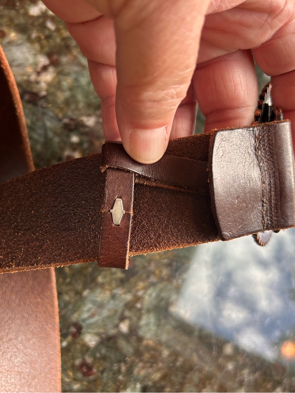 Brown leather belt w large copper colored medallion jeweled buckle. Western. - Picture 4 of 5